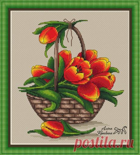 Cesto con tulipanes 
Tamaño 111 * 127 cruces 
Sobre 14 lienzo 20 * 23 cm 
Contorno recomendado Aida 3706/770, Aida 3279/154 
Hilos DMS / PNK con un total de 26 colores de ellos 0 mezclas 
Expandir texto ...