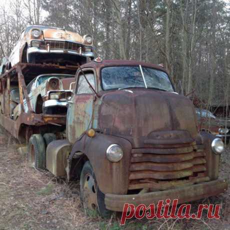 Mystery Car Hauler: 1950 😢  Неодолимая сила природы, стволы деревьев, проросшие сквозь ржавые кузова, гнезда птиц, свитые в капотах, хромированные детали, поблёскивающие среди ржавчины и мха, — есть какое-то очарование во всем этом. Время тут остановилось. Довольно впечатляющая картина, завораживает и заставляет задуматься о бренности всего сущего… Легендарные 4 автомобиля марки &quot;Chevys&quot; 1956 года, и грузовичок &quot;Whitehead &amp; Kales&quot; 1949 года выпуска, который их…