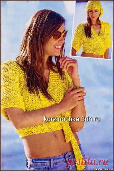 Вязание и рукоделие на vse-sama.ru     Вязаный летний ансамбль. Летняя вязаная шапочка и вязаный спицами жакет желтого цвета.