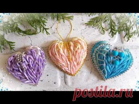 Новогодние игрушки своими руками из узких лент, сердечко канзаши / diy christmas ornaments