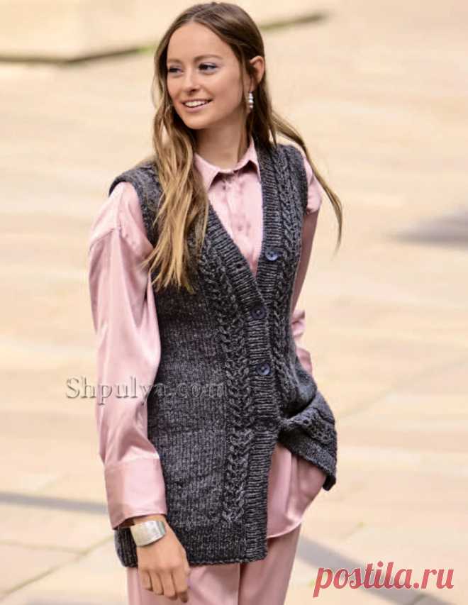 Длинный серый жилет на пуговицах — Shpulya.com - схемы с описанием для вязания спицами и крючком