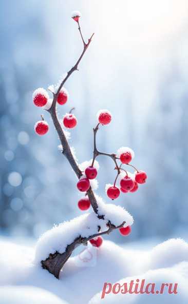 a small branch with red berries covered in snow