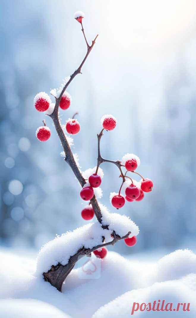 a small branch with red berries covered in snow