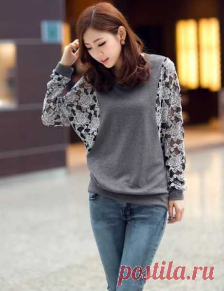 Women's Crewneck Lace Floral Batwing Long Sleeve Loose T Shirt Casual Blouse Top | eBay