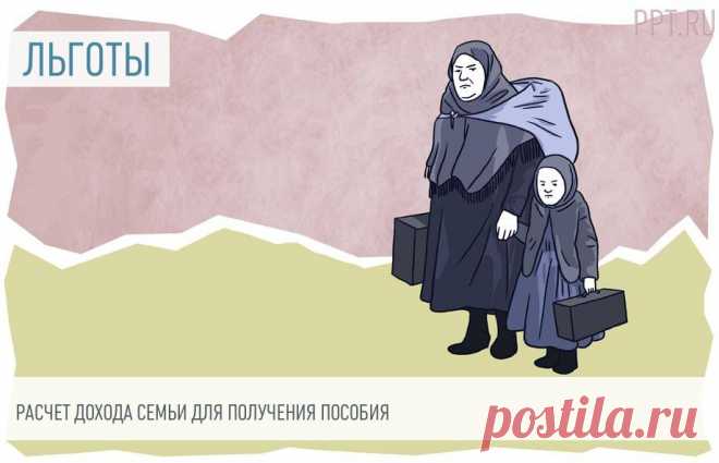 Как рассчитать доход семьи для получения пособия Как считается доход семьи для пособия:
	Сложить суммы заработной платы, стипендий, субсидий и пенсий, полученные всеми домочадцами.
	Не учитывать коронавирусные выплаты на детей и матпомощь по ЧС.
	Величину поступлений разделить на число расчетных месяцев и количество домочадцев.
	Сравнить полученный результат с показателями, установленными в регионе.

