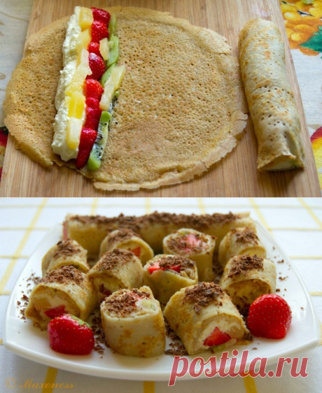 Как приготовить вкусные и лёгкие сладкие роллы с творожно-фруктовой начинкой - рецепт, ингридиенты и фотографии