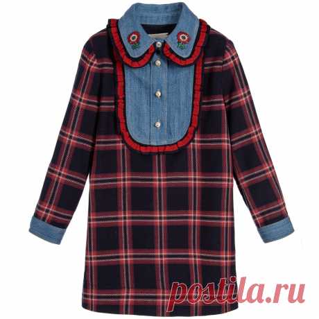 Gucci - Red Tartan Check Dress with Blue Denim Bib | Childrensalon