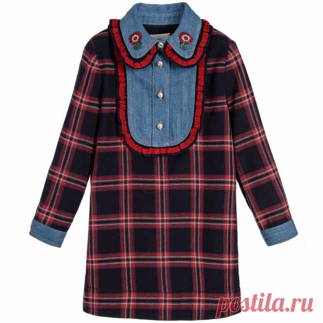 Gucci - Red Tartan Check Dress with Blue Denim Bib | Childrensalon