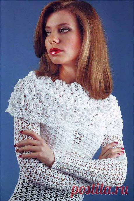 Белая ажурная кофточка крючком с пелериной из роз | Вязание спицами, вязание крючком | Мир увлечений современной женщины.