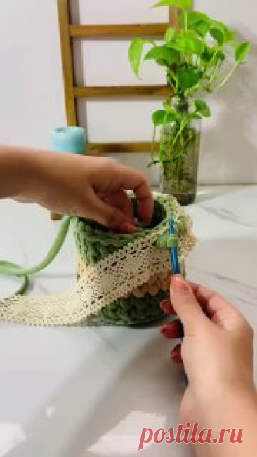 Декор вязаной корзинки 🌿#вязание  • #корзина