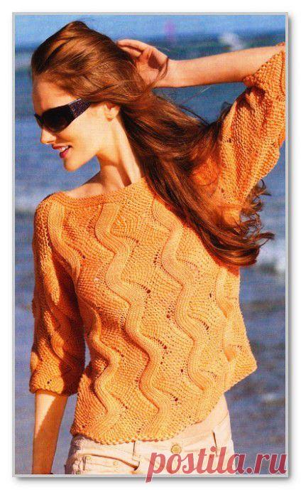 Вязание спицами. Женские модели. Летний прямой короткий пуловер с рельефными зигзагами. Размеры: 38/40 (42/44) 46/48