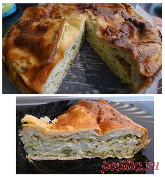 Вкуснятина. Наивкуснейший слоёный пирог (если можно так сказать) с сыром и зеленью. 
Сыр сулугуни (можно использовать брынзу, творог,но лучше всё таки Сулугуни) - 500 гр.
Лаваш - 2 больших полотна (тонкий)
Яица - 4 шт
Кефир - 1ст.
зелень, соль - по вкусу.