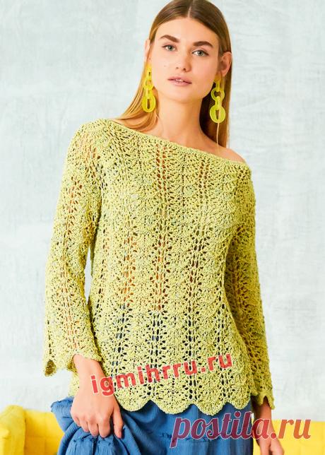 Желто-зеленый пуловер с воздушным волнистым узором. Вязание спицами со схемами и описанием