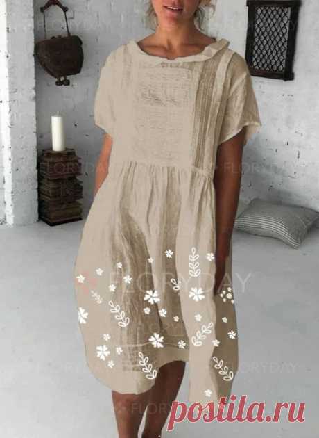 Casual Floral Shirt Round Neckline Shift Dress - Floryday