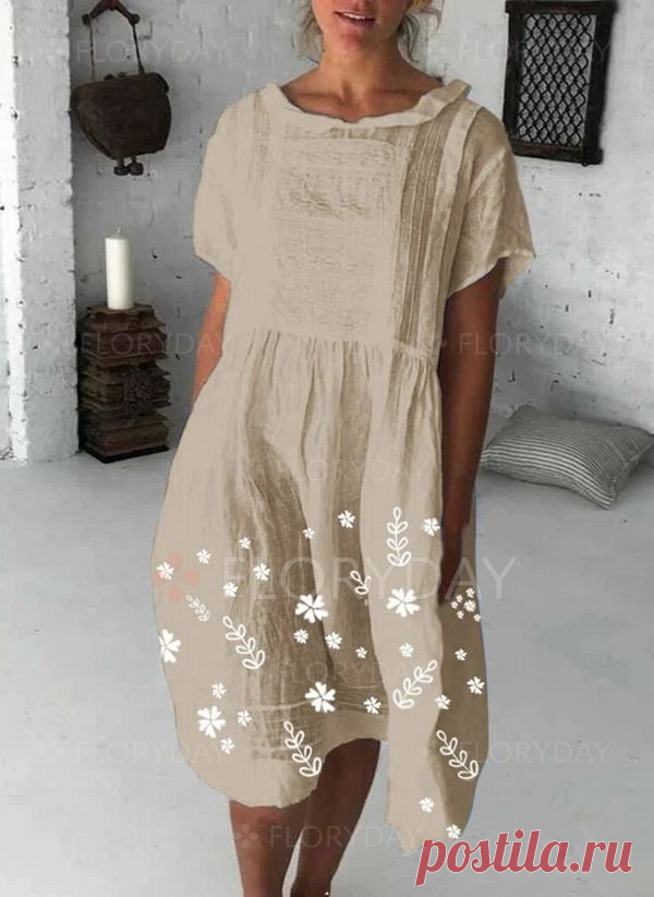 Casual Floral Shirt Round Neckline Shift Dress - Floryday