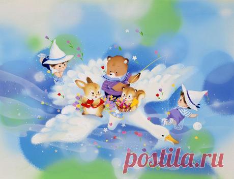 Кролик, кто играет с феей и звездное небо прогулки и поездки к иллюстрациям животных лебедь