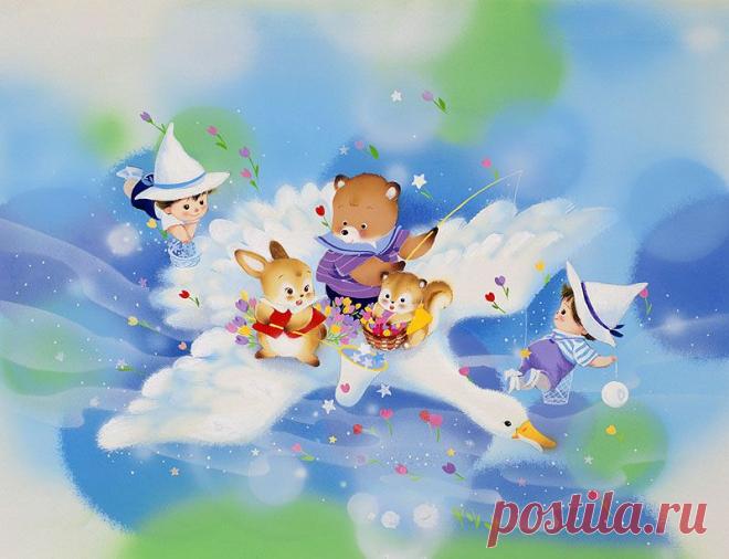 Кролик, кто играет с феей и звездное небо прогулки и поездки к иллюстрациям животных лебедь