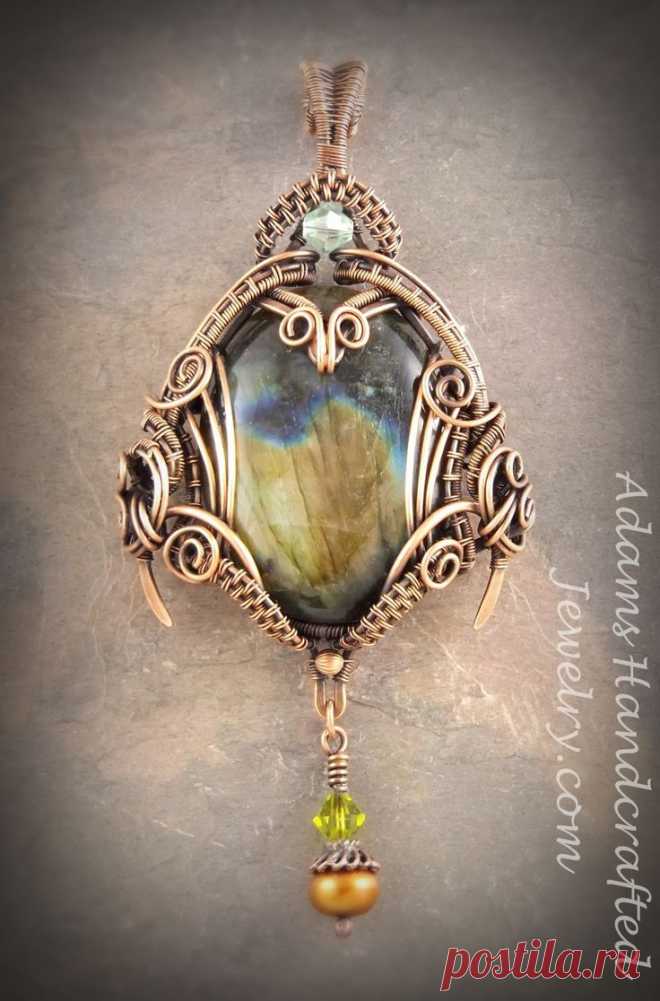 (68) Labradorite Gemstone Pendant Wire-wrapped in Copper Patina with Two Swarovski Crystals & One Fresh Water Pearl from ADAMS HANDCRAFTED JEWELRY