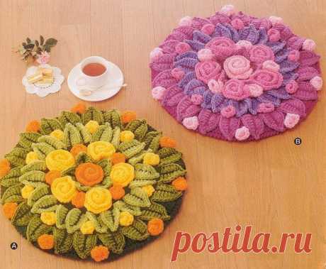 Вязаные коврики из японского журнала Hand Knit Flower Mat № 9.