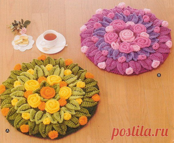 Вязаные коврики из японского журнала Hand Knit Flower Mat № 9.