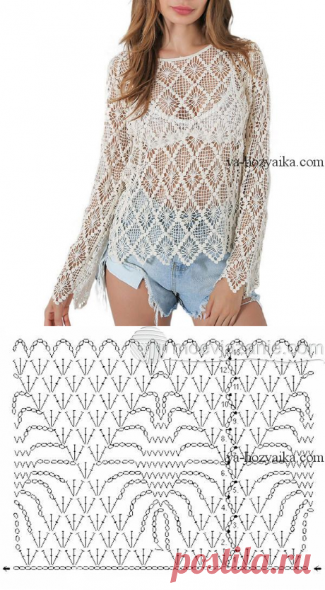 Блуза из ажурных ромбов крючком. Модная блуза для лета с длинным рукавом