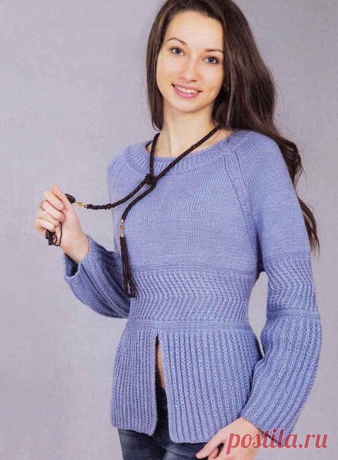 Вязание крючком и спицами - Голубой пуловер с разрезом