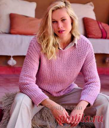 Розовый ажурный пуловер сквозным узором — Shpulya.com - схемы с описанием для вязания спицами и крючком