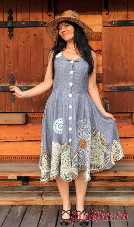 LInen and lace appliqued romantic dress