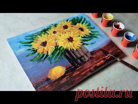 How to Paint Sunflowers with Palette Knife in Canvas – Easy Still Life ...