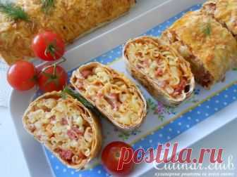 Пицца с фузилли в лаваше или рулет с макаронами