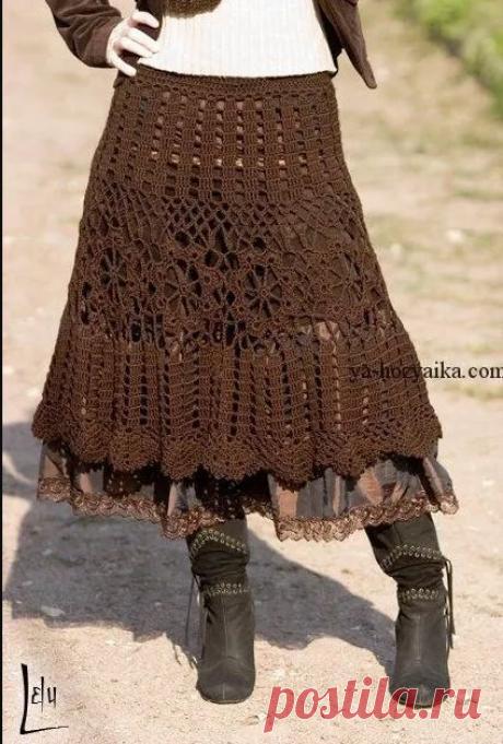 Шоколадная юбка крючком.Схемы здесь https://ya-hozyaika.com/vyazanie-kryuchkom/tuniki-plat-ya-yubki/yubka-v-stile-boho/