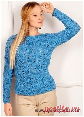 Пуловер спицами ажурным узором. Схема ажурного узора для пуловера Голубой пуловер спицами ажурным узором. Схема ажурного узора для пуловера