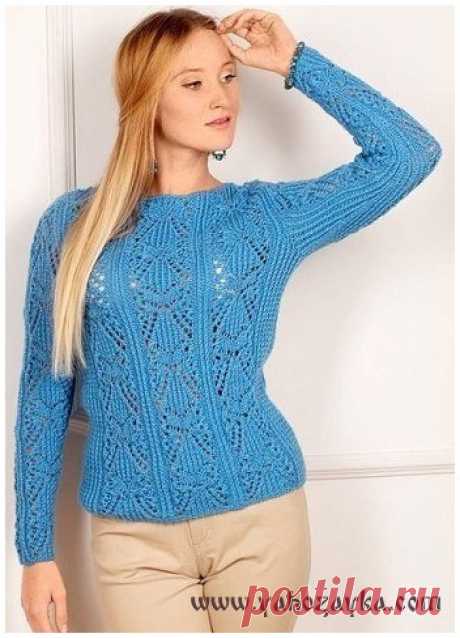Пуловер спицами ажурным узором. Схема ажурного узора для пуловера Голубой пуловер спицами ажурным узором. Схема ажурного узора для пуловера