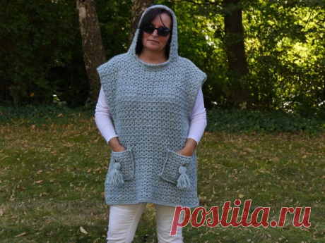 Poncho häkeln // Kapuze dran // mit Taschen