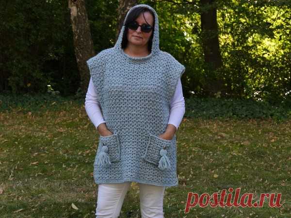 Poncho häkeln // Kapuze dran // mit Taschen
