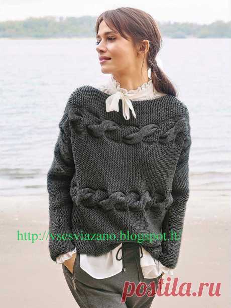 ВСЕ СВЯЗАНО. ROSOMAHA.: Серый пуловер с крупными поперечными косами.