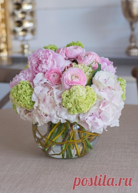 Как собрать букет из пионов и гортензий своими руками, мастер-класс по оформлению красивого букета из пионов в стеклянной вазе
