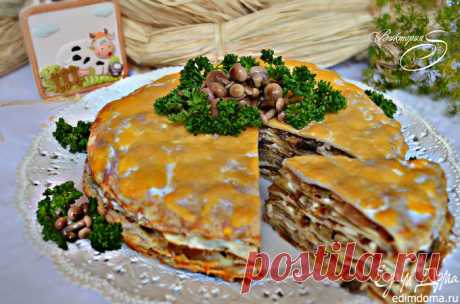 Закусочный блинный пирог с грибами и капустой | Кулинарные рецепты от «Едим дома!»