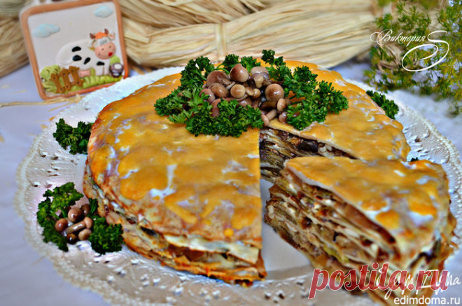 Закусочный блинный пирог с грибами и капустой | Кулинарные рецепты от «Едим дома!»