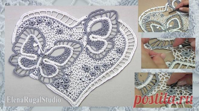 📺 Мотив с узором сердца и бабочки в смешанных техниках вязания крючком, декор маечки таким узором | Студия Елены Ругаль Вязание | Яндекс Дзен