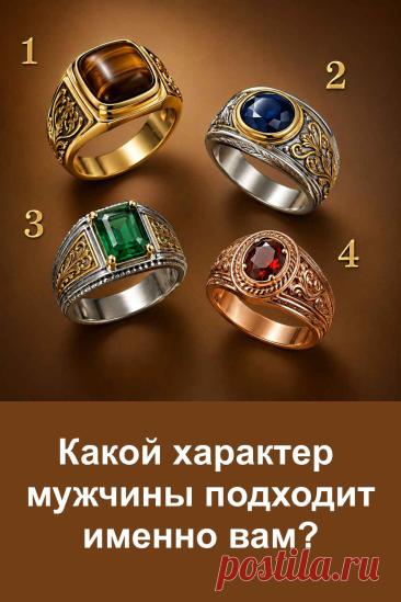 Какой характер мужчины подходит именно вам? На картинке представлены четыре разных мужских кольца, и каждое из них связано с определённым типом характера. Возможно, вам нравятся уверенные и сильные мужчины, а может быть, больше привлекают спокойные, умные, целеустремлённые или эмоциональные люди. Посмотрите на картинку и обратите внимание на кольцо, которое понравилось вам больше всего. Затем прочитайте описание своего варианта и сравните его со своими представлениями об идеальном мужчине.