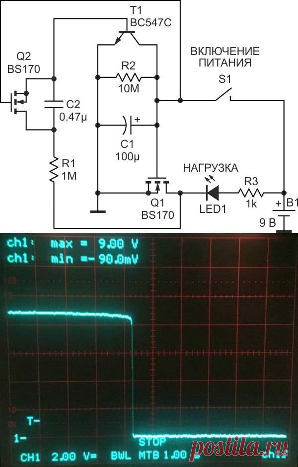 Таймер автоматического отключения питания на дискретных компонентах. Поведение схемы при отключении иллюстрирует осциллограмма напряжения на нагрузке, представленная на Рисунке 2. Обратите внимание, что потери напряжения во включенном состоянии незначительны, за исключением небольшого падения в последние несколько секунд из 25 минут включенного состояния. Как только начинает действовать петля обратной связи, происходит мгновенное отключение.