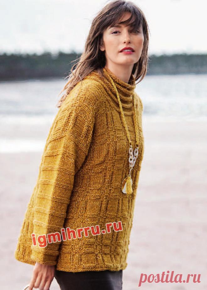 Пуловер с рельефным узором и поперечной резинкой. Вязание спицами со схемами и описанием