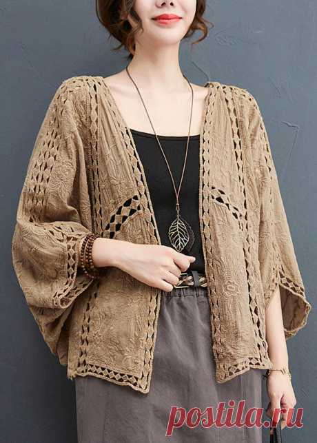 Light Khaki Loose Cardigan Hollow Out Batwing Sleeve – SooLinen