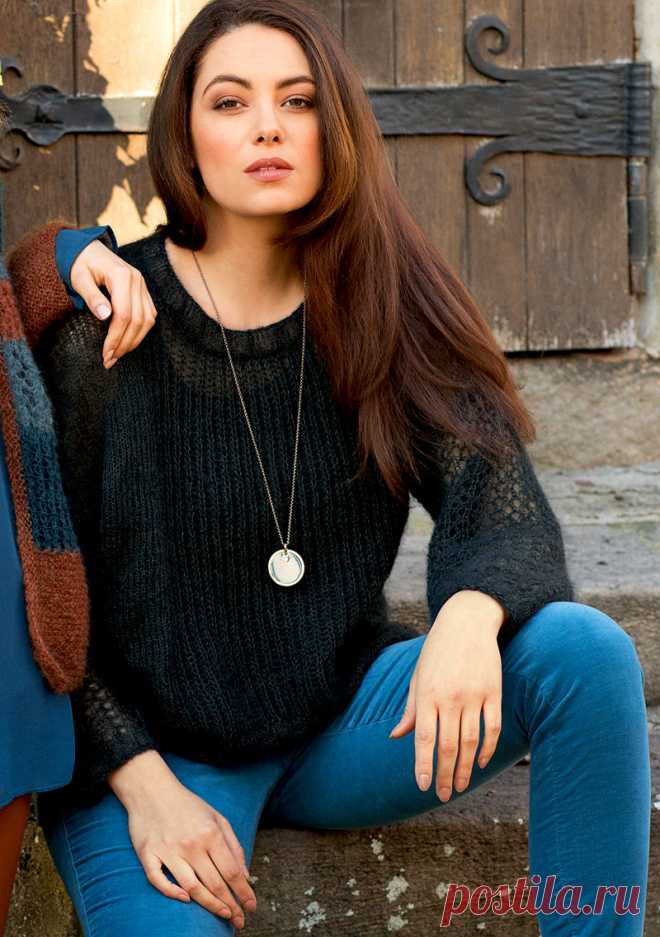 Антрацитовый джемпер с удлиненной спинкой спицами