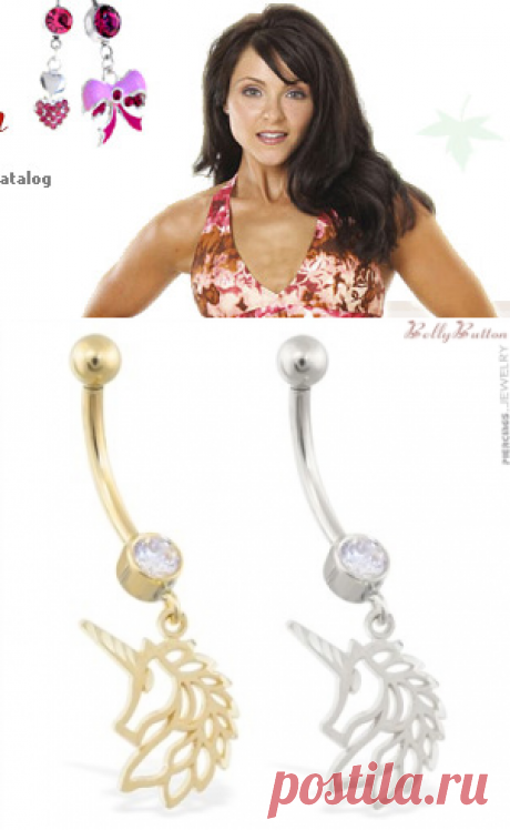 14k Yellow Gold belly ring with dangling unicorn