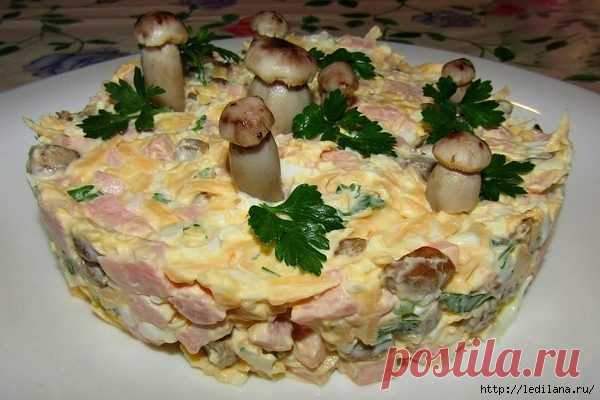 Салат с ветчиной, грибами и сыром – вкусный и очень сытный
