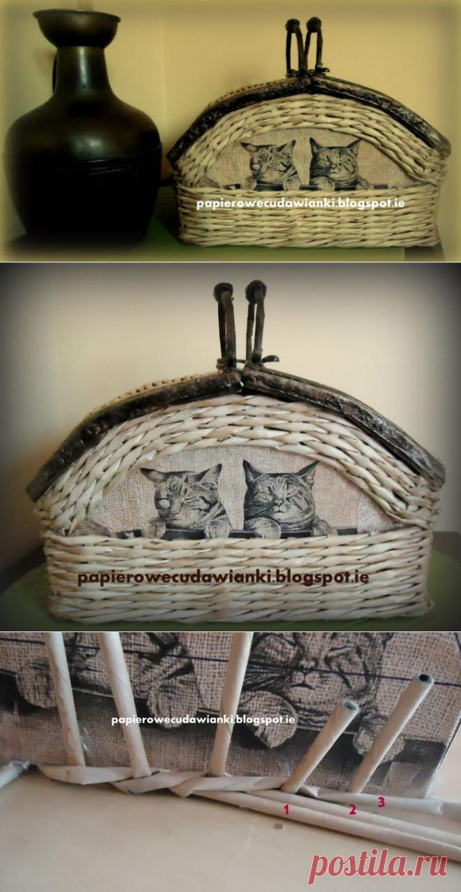 Плетение из газет. Шкатулка-сундучок из коробки. Мастер-класс.