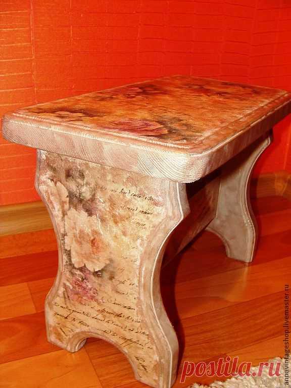 Купить Винтажная скамеечка "Розы в золоте" - золотой, лавочка, скамеечка, Декупаж, декупаж и роспись, винтаж