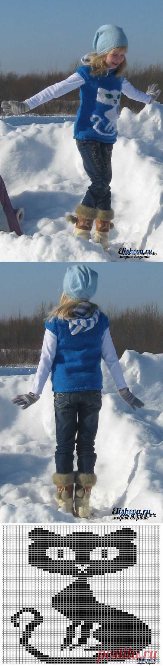 Жилет для девочки "Киси-киси" вязаный спицами